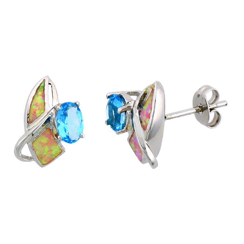 Sterling Silver Post Earrings Pink Synthetic Opal inlay with Marquis Shape Blue Topaz CZ, 1/2 inch
