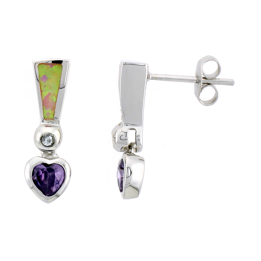 Sterling Silver Synthetic Opal Heart Dangle Post Earrings Amethyst CZ Drop 3/4 inch long