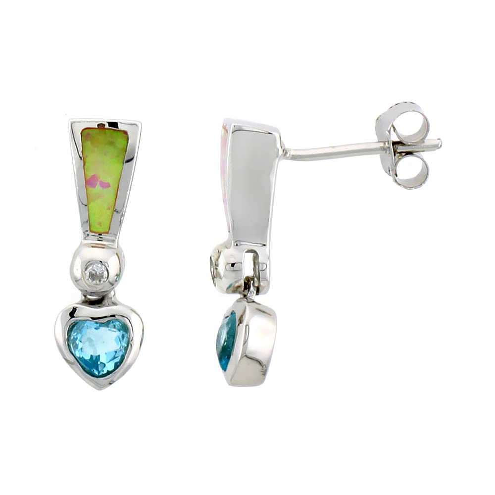 Sterling Silver Synthetic Pink Opal Heart Dangle Post Earrings Blue Topaz CZ Drop 3/4 inch long