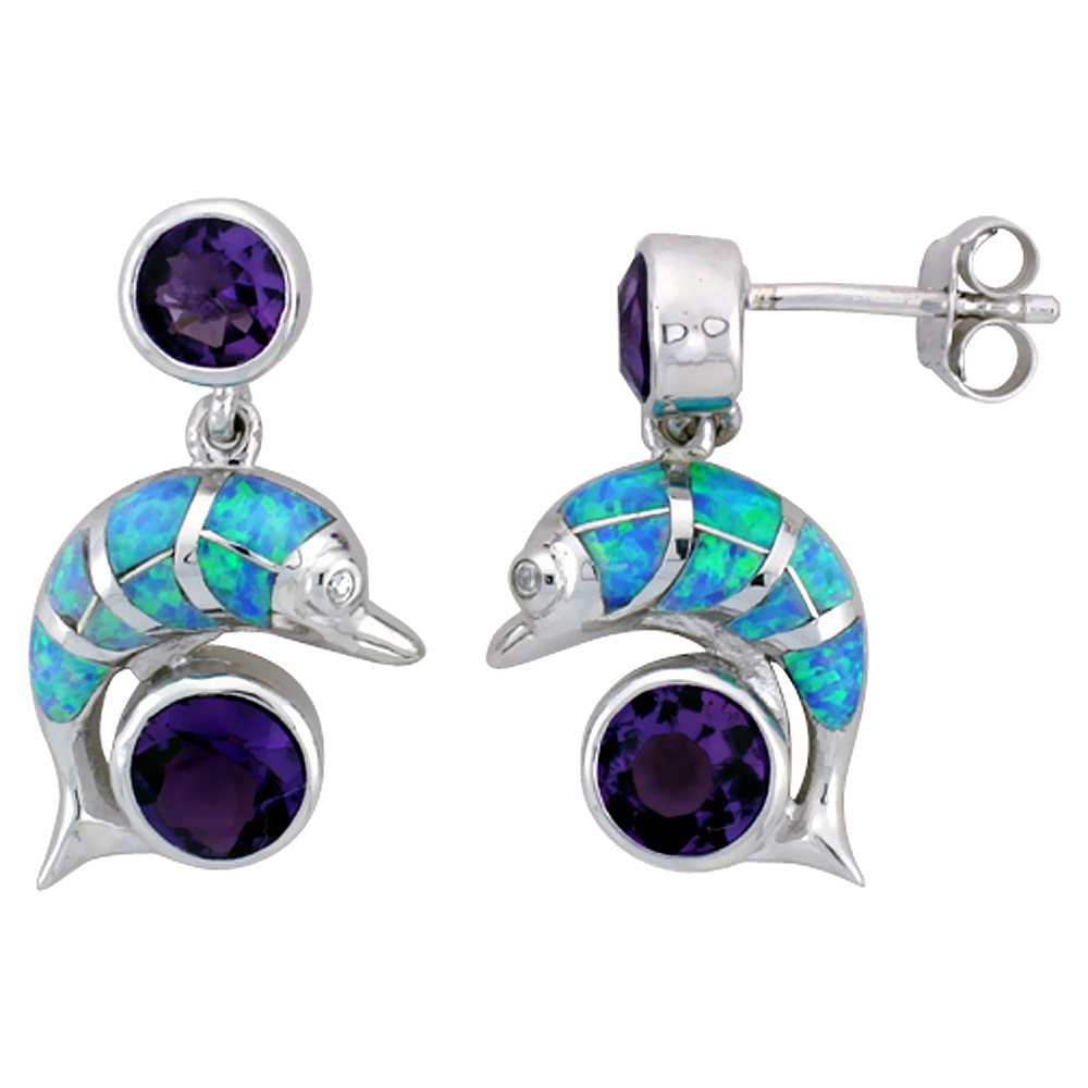 Sterling Silver Dolphin Earrings Synthetic Opal inlay Amethyst CZ Center 1 inch Long
