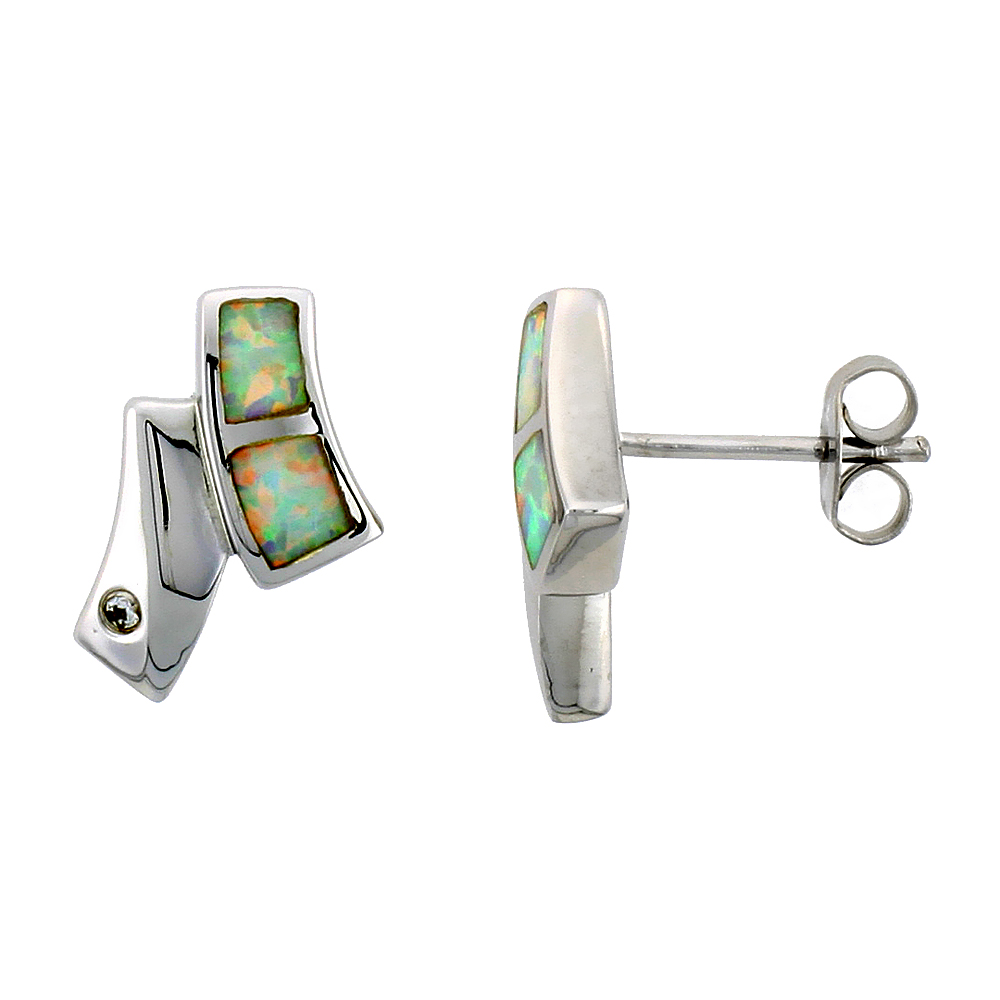 Sterling Silver Synthetic Blue Opal Stud Earrings with small CZ, 9/16 inch