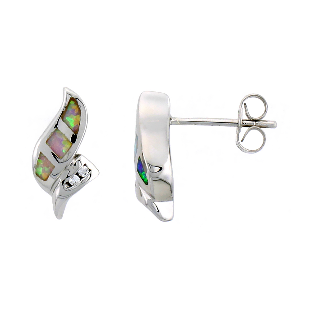 Sterling Silver Synthetic Blue Opal Stud Earrings Small CZ, 5/8 inch