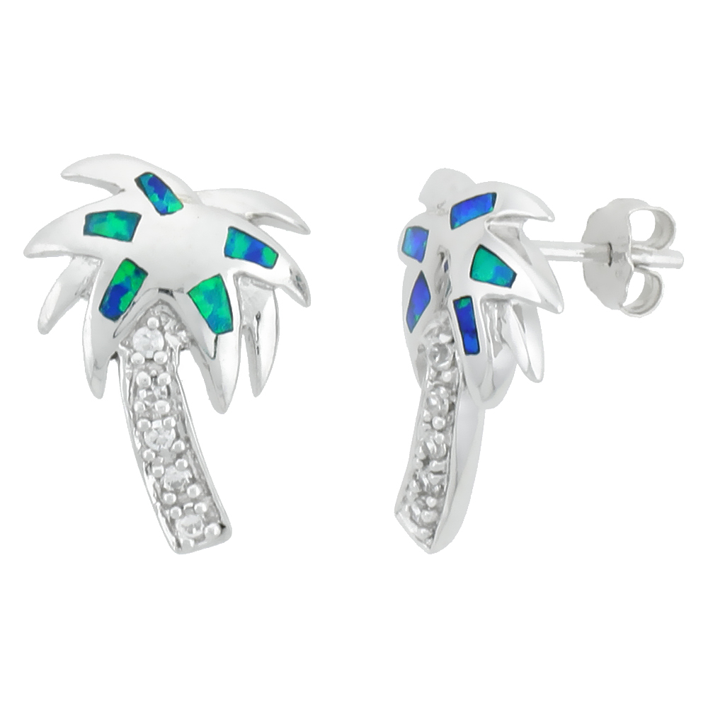 Sterling Silver Coconut Tree Earrings Synthetic Blue Opal