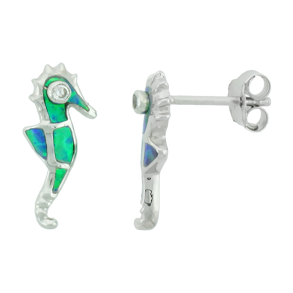 Small Sterling Silver Synthetic Opal Seahorse Stud Earrings 3/4 inch