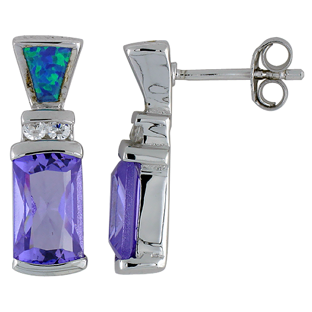 Sterling Silver Rectangular Amethyst CZ Earrings Synthetic Blue Opal Clear CZ accent, 13/16 inch