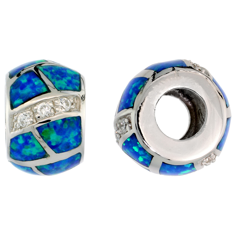 Sterling Silver Synthetic Blue Opal Inlay Charm Bead with CZ Stones Charm Bracelet Compatible 3/8 inch