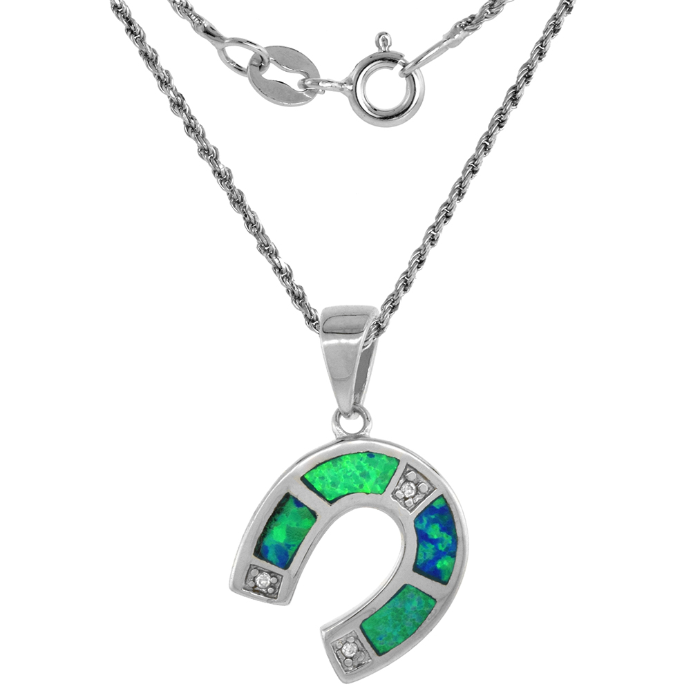 Sterling Silver Synthetic Opal Horseshoe Necklace Hand Inlay CZ Accent 9/16 inch