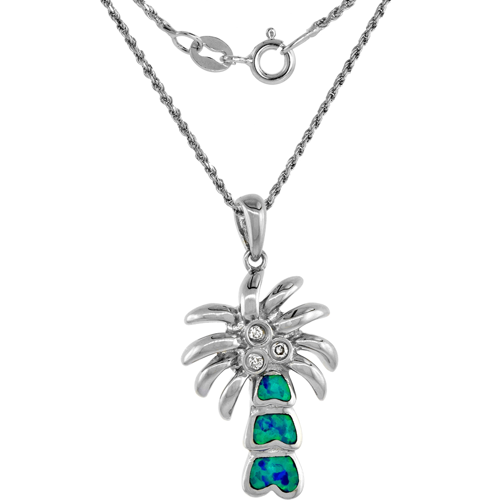 Sterling Silver Synthetic Opal Palm Tree Necklace for Women Hand Inlay CZ Accent 1 inch