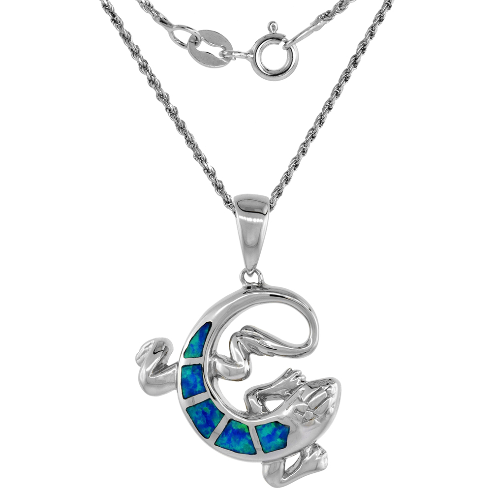 Sterling Silver Synthetic Opal Lizard Necklace for Women Hand Inlay 1 inch