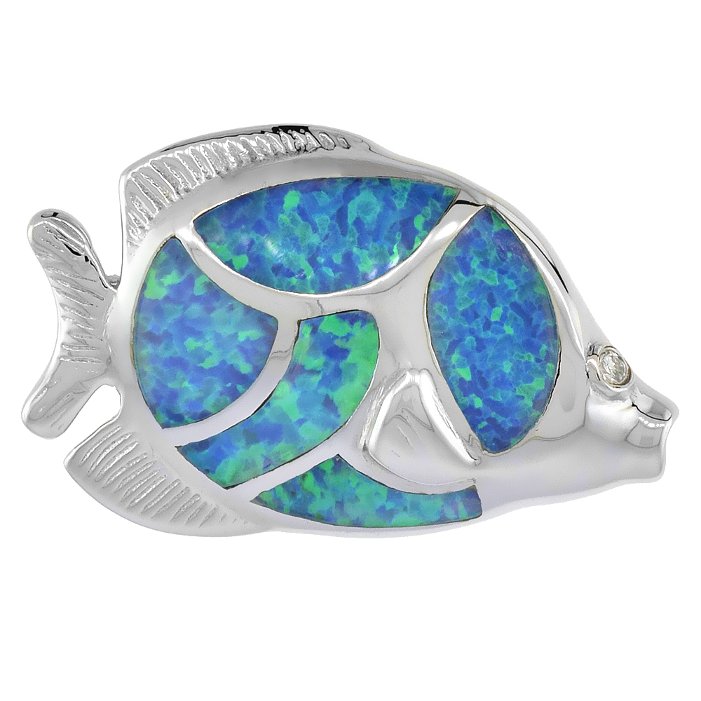Sterling Silver Synthetic Opal Tropical Fish Pendant for Women Hand Inlay &amp; CZ stones 1 1/16 inch wide
