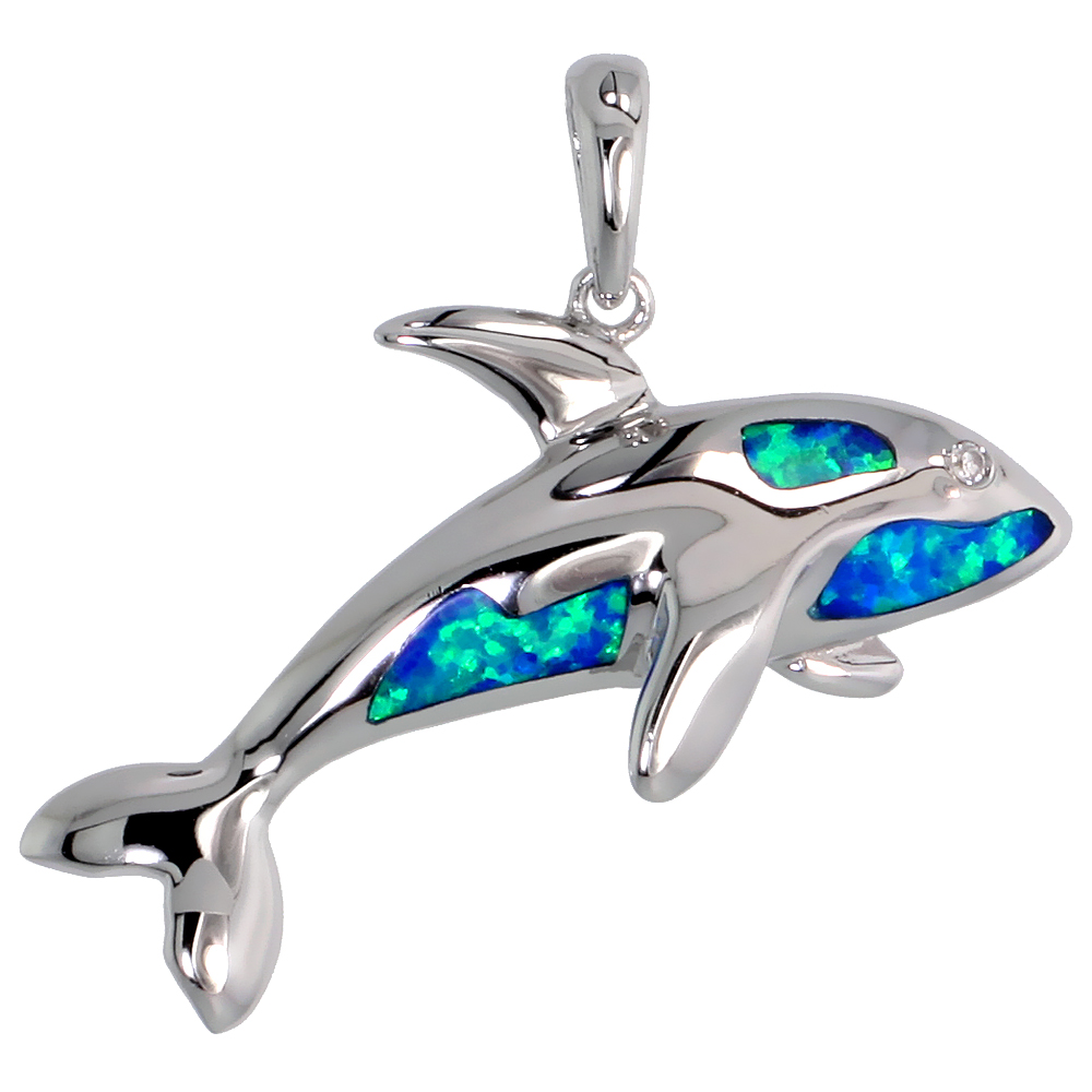 Sterling Silver Synthetic Opal Killer Whale Pendant for Women CZ Accent Hand Inlay 1 1/4 inch tall
