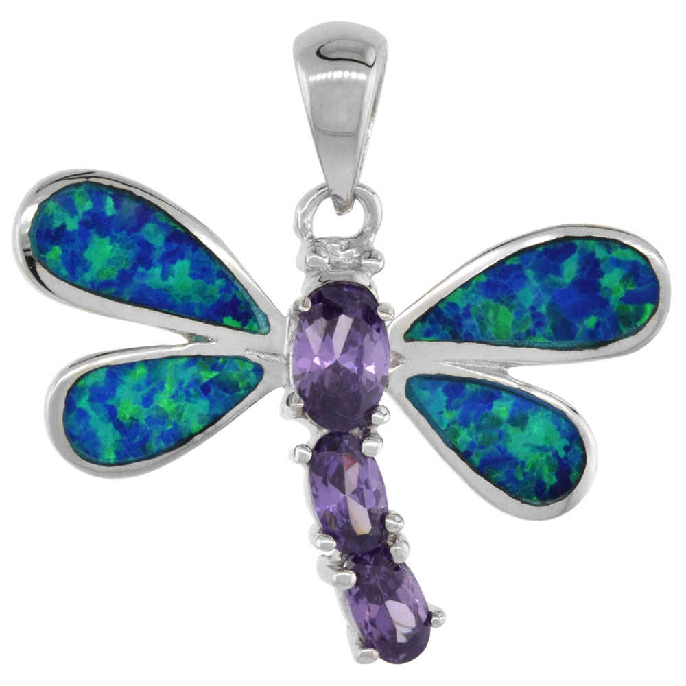 Sterling Silver Synthetic Opal Dragonfly Pendant Hand Inlay Amethyst CZ Cubic Zirconia Accent 1 1/8 inch