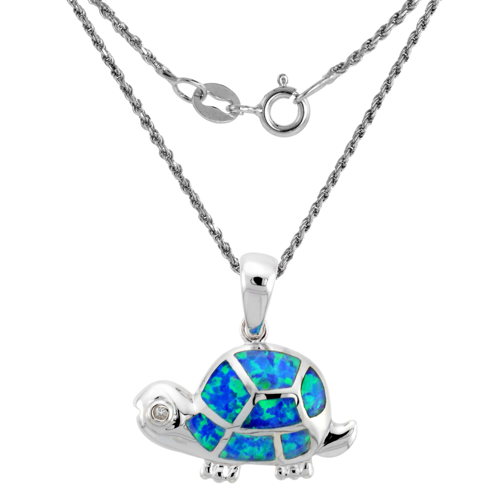 Sterling Silver Synthetic Opal Tortoise Necklace for Women Hand Inlay & CZ stones 1 inch