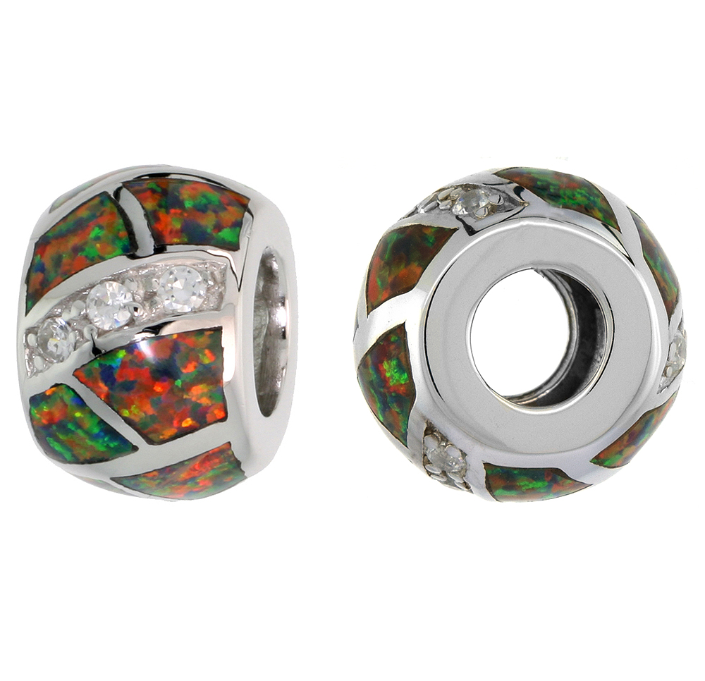 Sterling Silver Synthetic Fire Opal Bead Charm CZ stones Fits Pandora and all Charm Bracelets, 3/8 inch