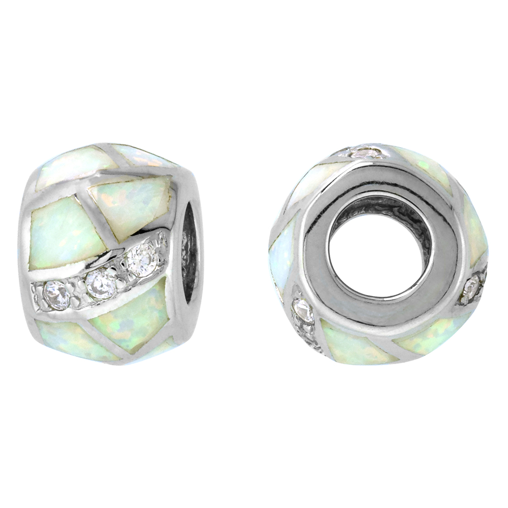 Sterling Silver Synthetic White Opal Bead Charm CZ stones Fits Pandora and all Charm Bracelets, 3/8 inch