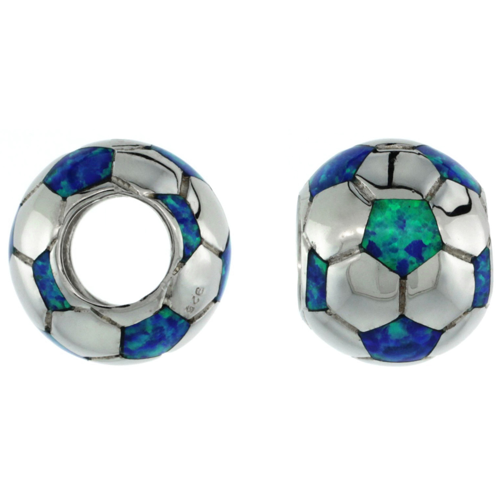 Sterling Silver Blue Synthetic Opal Soccer Ball Bead Charm 7mm Hole, 1/2 inch