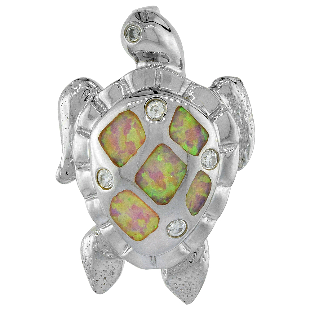 Sterling Silver Synthetic Pink Opal Sea Turtle Pendant Hand Inlay Cubic Zirconia Accent 1 inch tall