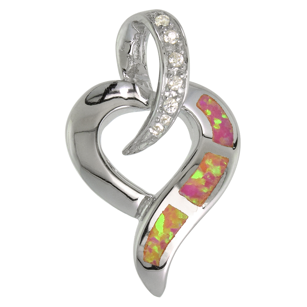 Sterling Silver Synthetic Pink Opal Open Heart Pendant Hand Inlay Cubic Zirconia Accent 1 inch tall