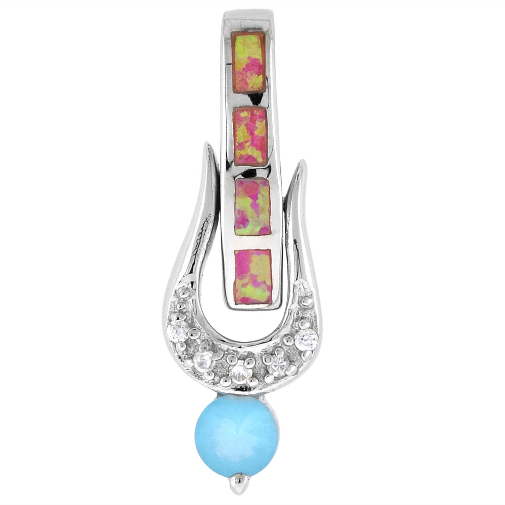 Sterling Silver Synthetic Pink Opal Horseshoe Pendant for Women 5mm Amethyst CZ Hand Inlay 1 inch tall