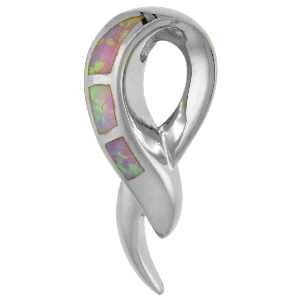 Sterling Silver Synthetic Pink Opal Breast Cancer Awareness Ribbon Pendant Hand Inlay 1 inch tall