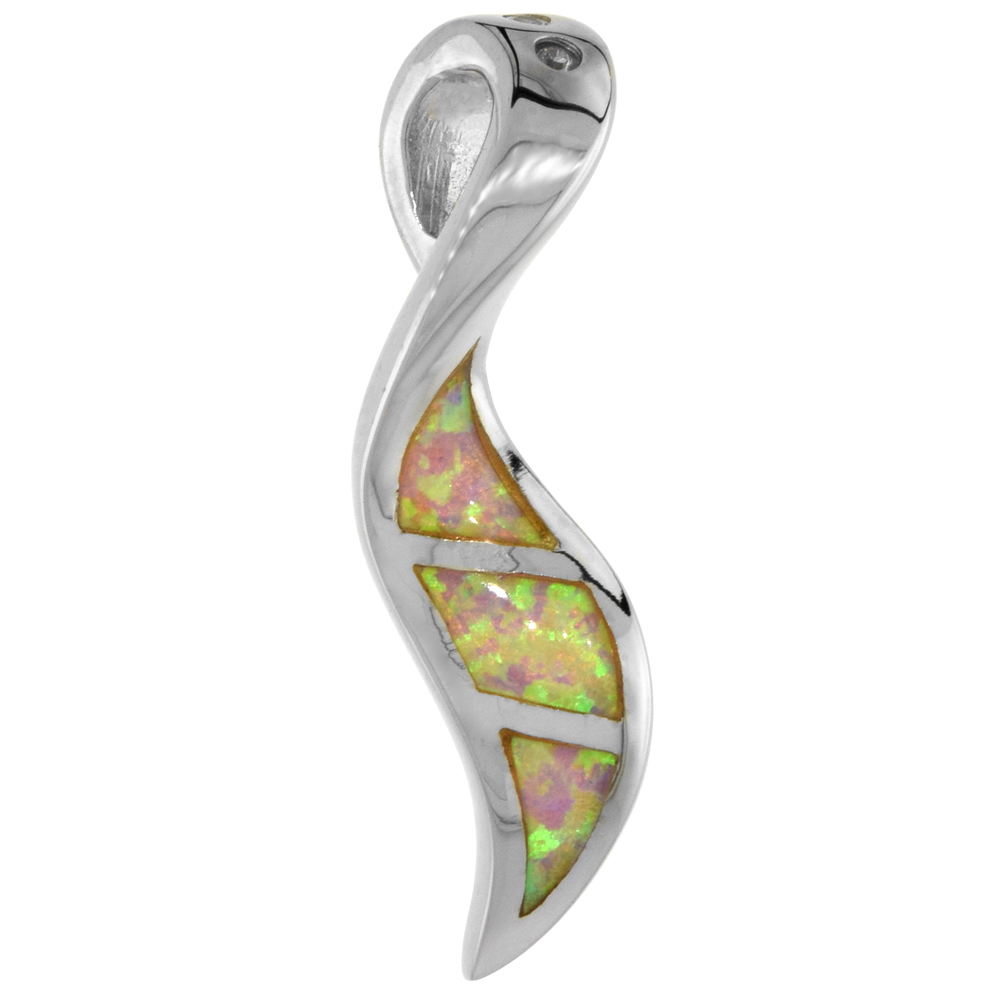 Sterling Silver Synthetic Pink Opal Leaf Pendant for Women Hand Inlay 1 1/8 inch tall