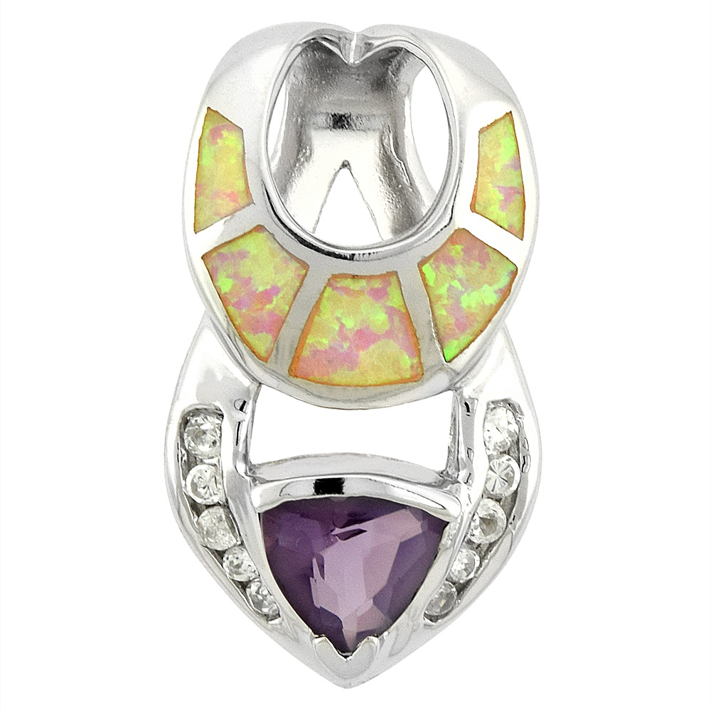 Sterling Silver Synthetic Pink Opal Horseshoe Slide Pendant for Women Amethyst CZ Hand Inlay 7mm Center 1 inch tall