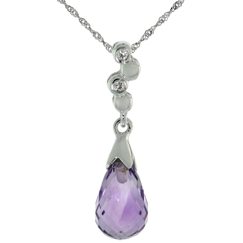 10k White Gold Bubbles &amp; Amethyst Pendant, w/ 0.02 Carat Brilliant Cut Diamonds, 7/8 in. (22mm) tall, w/ 18&quot; Sterling Silver Singapore Chain