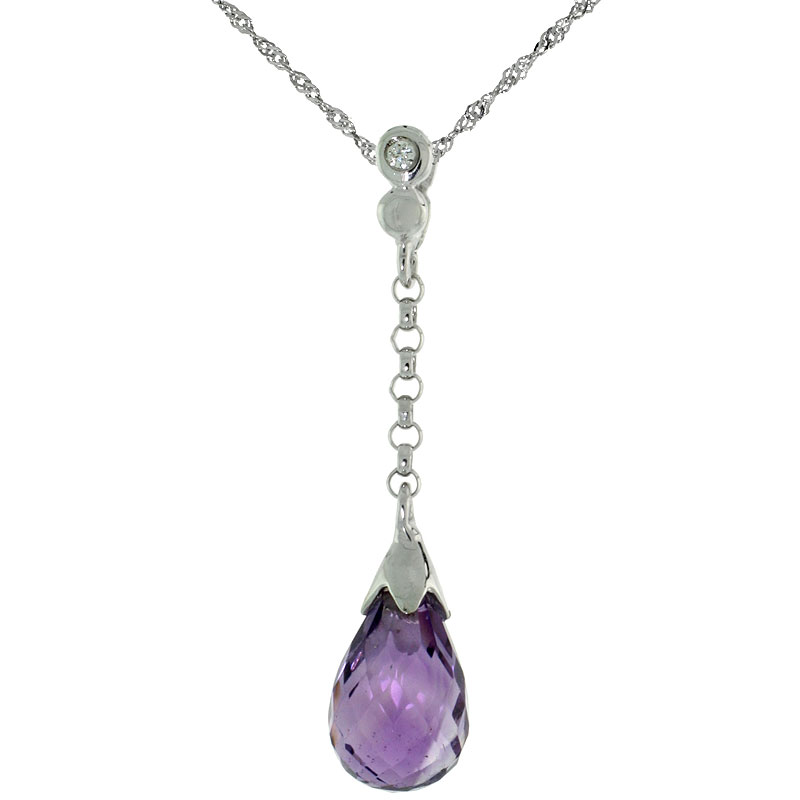 10k White Gold Dangle Amethyst Pendant, w/ 0.02 Carat Brilliant Cut Diamond, 1 1/8 in. (29mm) tall, w/ 18&quot; Sterling Silver Singapore Chain