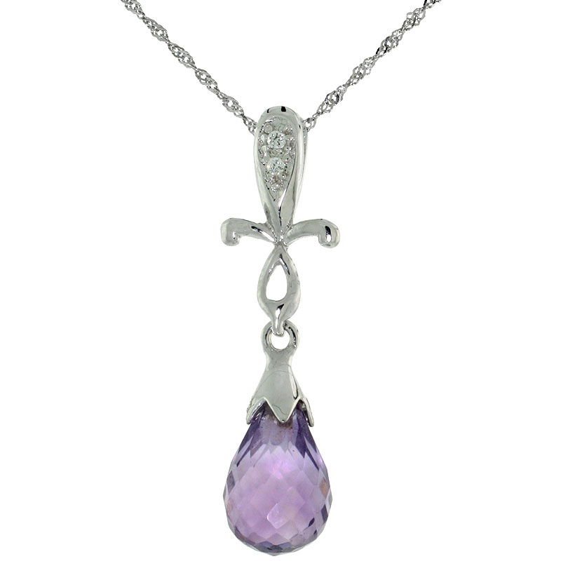 10k White Gold Cross & Amethyst Pendant, w/ 0.01 Carat Brilliant Cut Diamonds, 1 in. (25mm) tall, w/ 18" Sterling Silver Singapore Chain