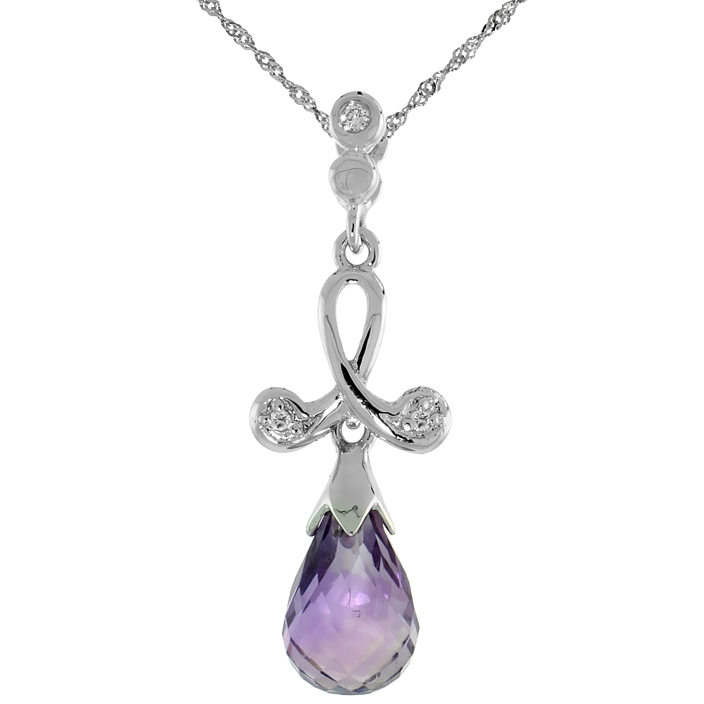 10k White Gold Loop &amp; Amethyst Pendant, w/ 0.02 Carat Brilliant Cut Diamonds, 1 1/16 in. (27mm) tall, w/ 18&quot; Sterling Silver Singapore Chain