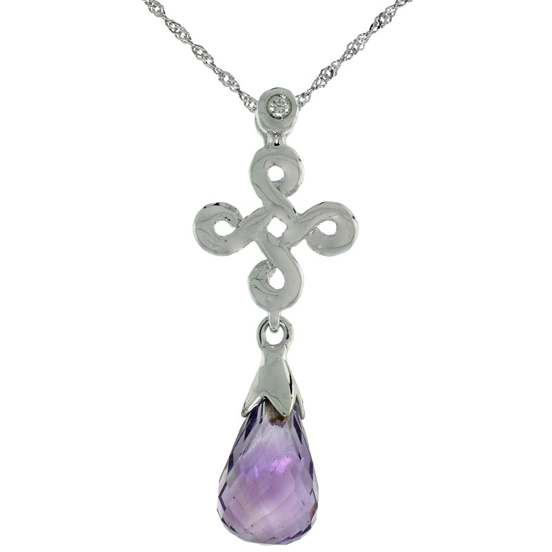 10k White Gold Infinity Cross Amethyst Pendant, w/ 0.01 Carat Brilliant Cut Diamond, 1 in. (26mm) tall, w/ 18" Sterling Silver Singapore Chain