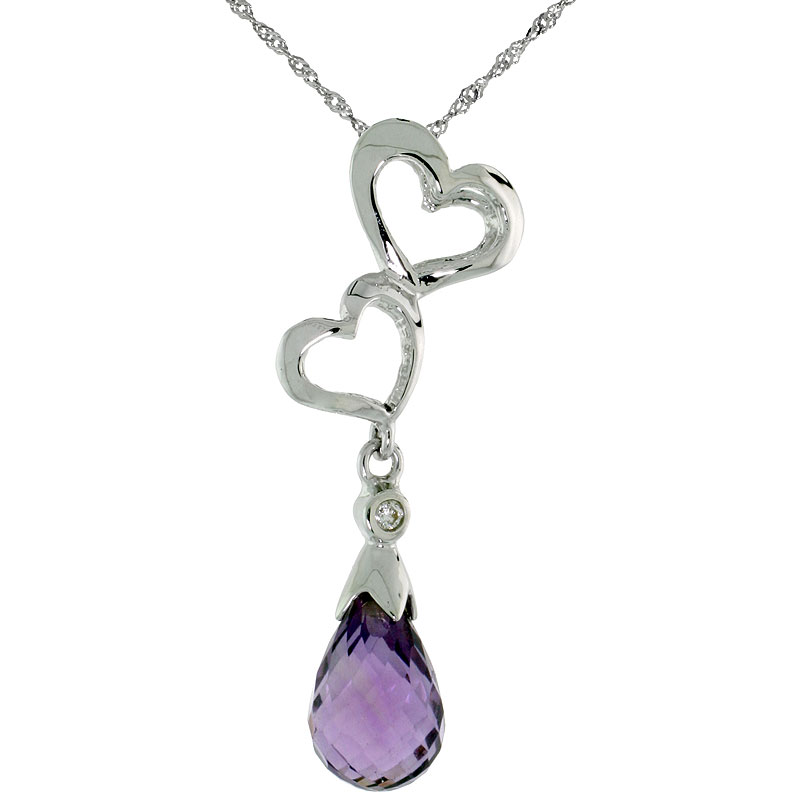 10k White Gold Double Heart Cut Out & Amethyst Pendant, w/ Brilliant Cut Diamond, 1 3/16 in. (30mm) tall, w/ 18" Sterling Silver Singapore Chain