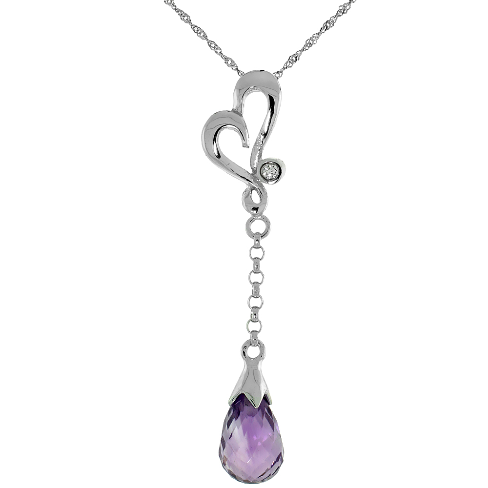 10k White Gold Heart Cut Out & Amethyst Pendant, w/ 0.01 Carat Brilliant Cut Diamond, 1 3/8 in. (35mm) tall, w/ 18" Sterling Silver Singapore Chain