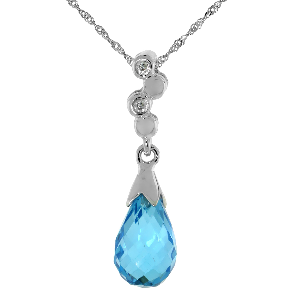 10k White Gold Bubbles & Blue Topaz Pendant, w/ 0.02 Carat Brilliant Cut Diamonds, 7/8 in. (22mm) tall, w/ 18" Sterling Silver Singapore Chain