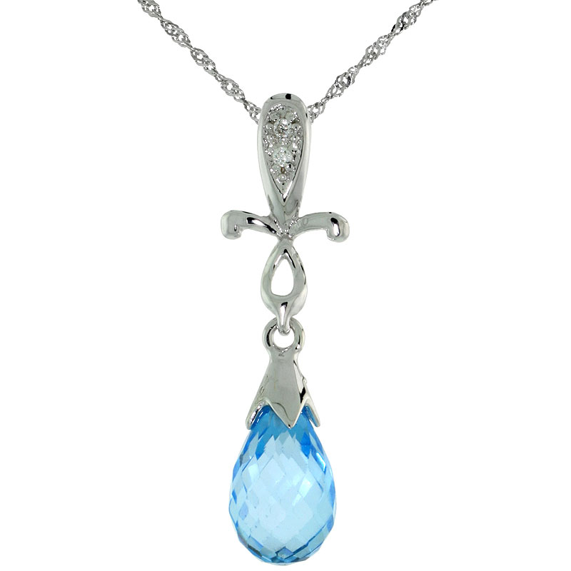 10k White Gold Cross & Blue Topaz Pendant, w/ 0.01 Carat Brilliant Cut Diamonds, 1 in. (25mm) tall, w/ 18" Sterling Silver Singapore Chain