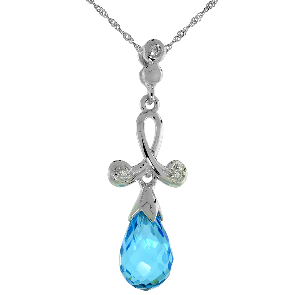 10k White Gold Loop & Blue Topaz Pendant, w/ 0.02 Carat Brilliant Cut Diamonds, 1 1/16 in. (27mm) tall, w/ 18" Sterling Silver Singapore Chain