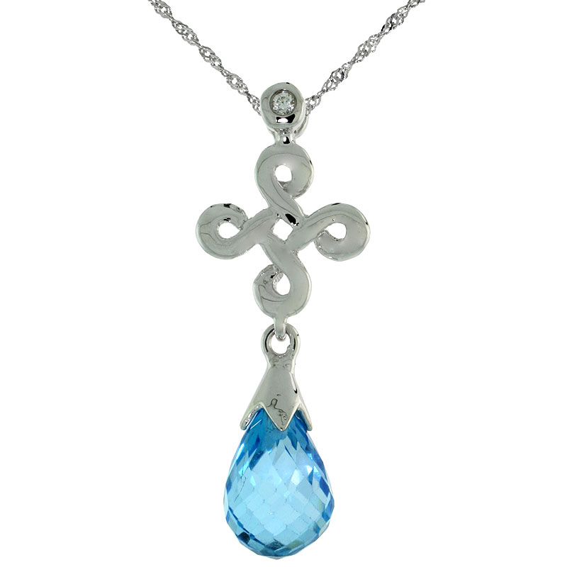 10k White Gold Infinity Cross Blue Topaz Pendant, w/ 0.01 Carat Brilliant Cut Diamond, 1 in. (26mm) tall, w/ 18" Sterling Silver Singapore Chain