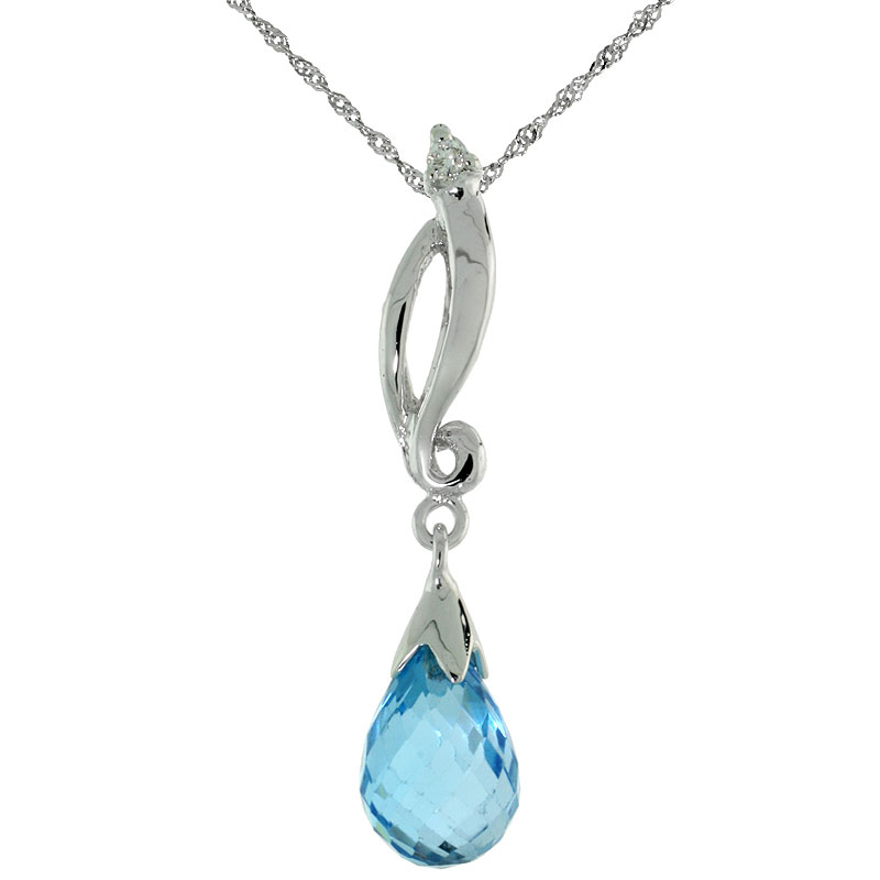 10k White Gold Swirl & Blue Topaz Pendant, w/ 0.01 Carat Brilliant Cut Diamond, 1 1/8 in. (29mm) tall, w/ 18" Sterling Silver Singapore Chain