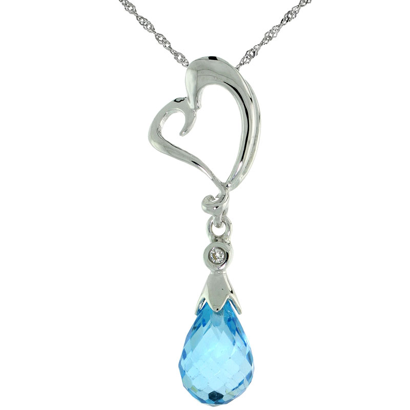 10k White Gold Heart Cut Out & Blue Topaz Pendant, w/ Brilliant Cut Diamond, 1 1/8 in. (28mm) tall, w/ 18" Sterling Silver Singapore Chain
