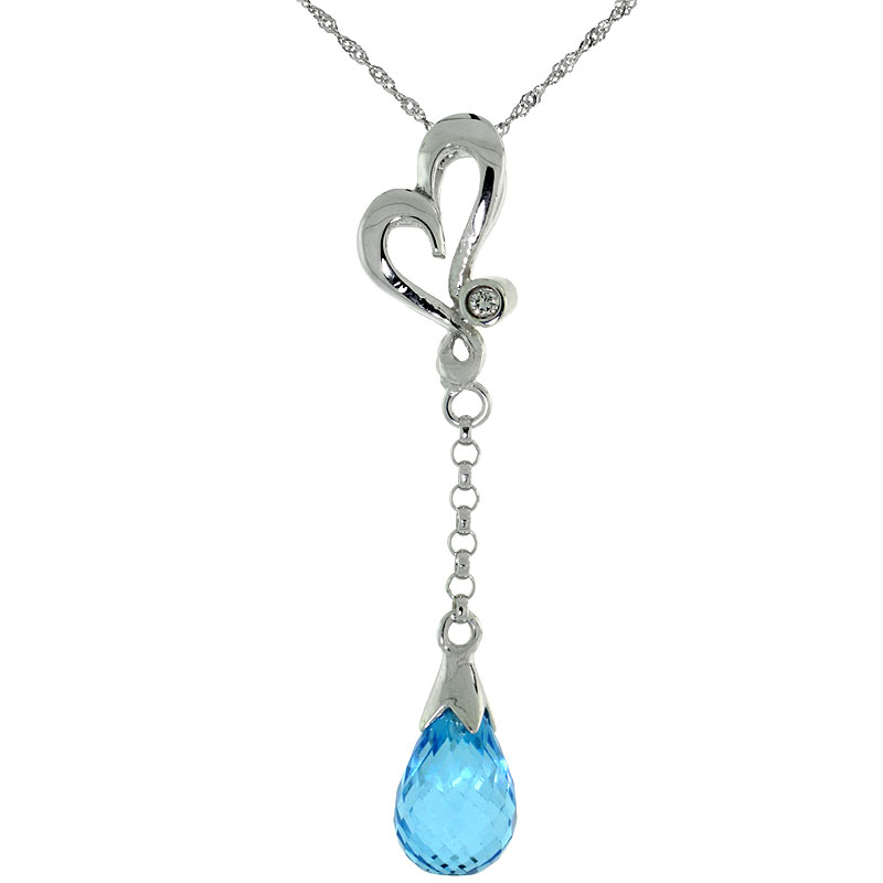 10k White Gold Heart Cut Out &amp; Blue Topaz Pendant, w/ 0.01 Carat Brilliant Cut Diamond, 1 3/8 in. (35mm) tall, w/ 18&quot; Sterling Silver Singapore Chain