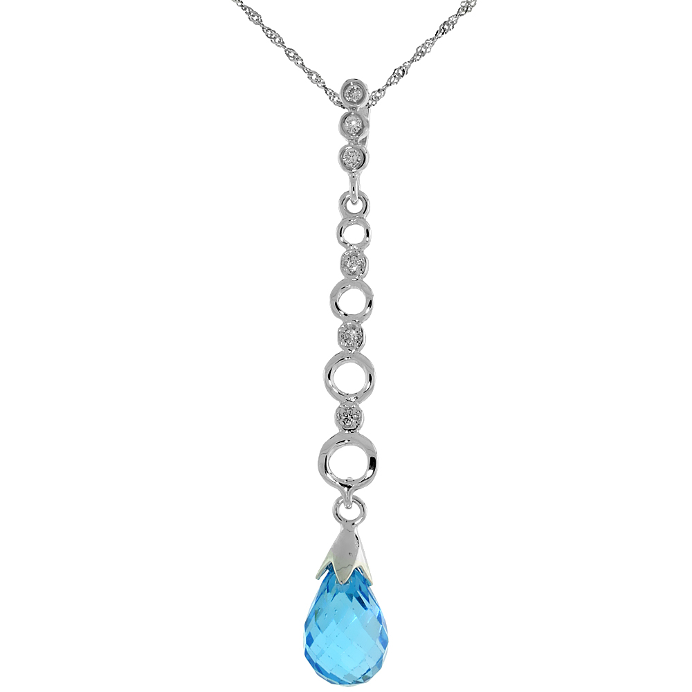 10k White Gold Graduated Circle Cut Outs &amp; Blue Topaz Pendant, w/ 0.05 Carat Brilliant Cut Diamonds, 1 11/16 in. (43mm) tall, w/ 18&quot; Sterling Silver Singapore Chain