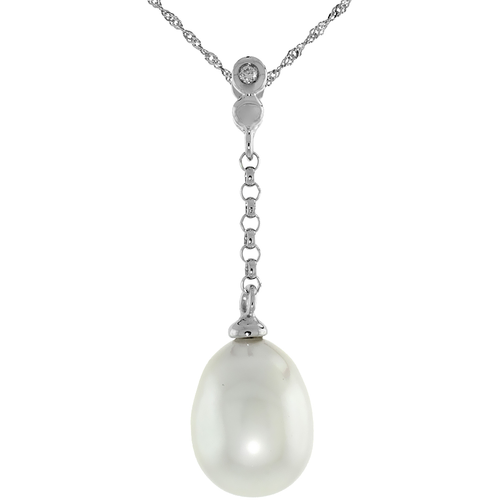 10k White Gold Dangle Pearl Pendant, w/ 0.02 Carat Brilliant Cut Diamond, 1 1/4 in. (31mm) tall, w/ 18" Sterling Silver Singapore Chain