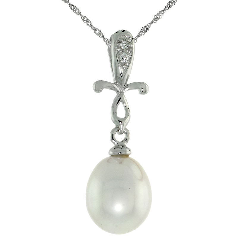 10k White Gold Cross &amp; Pearl Pendant, w/ 0.01 Carat Brilliant Cut Diamonds, 1 in. (25mm) tall, w/ 18&quot; Sterling Silver Singapore Chain