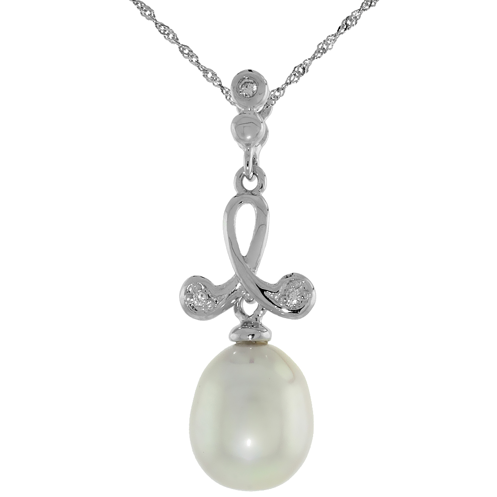 10k White Gold Loop &amp; Pearl Pendant, w/ 0.02 Carat Brilliant Cut Diamonds, 1 1/16 in. (27mm) tall, w/ 18&quot; Sterling Silver Singapore Chain