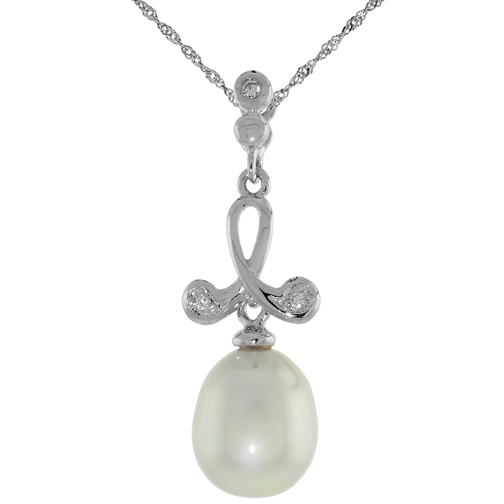 10k White Gold Loop & Pearl Pendant, w/ 0.02 Carat Brilliant Cut Diamonds, 1 1/16 in. (27mm) tall, w/ 18" Sterling Silver Singapore Chain