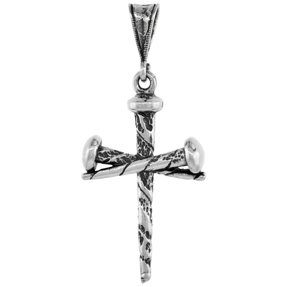 Sterling Silver Nail Cross (Crucifixion of Jesus) Pendant, 1 3/8 inch tall