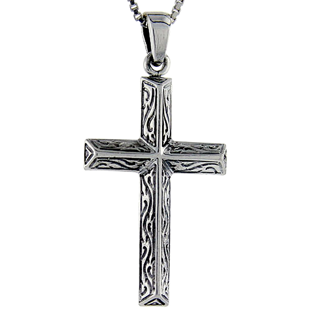 Sterling Silver Wooden Timber Cross Pendant, 1 3/8 inch tall