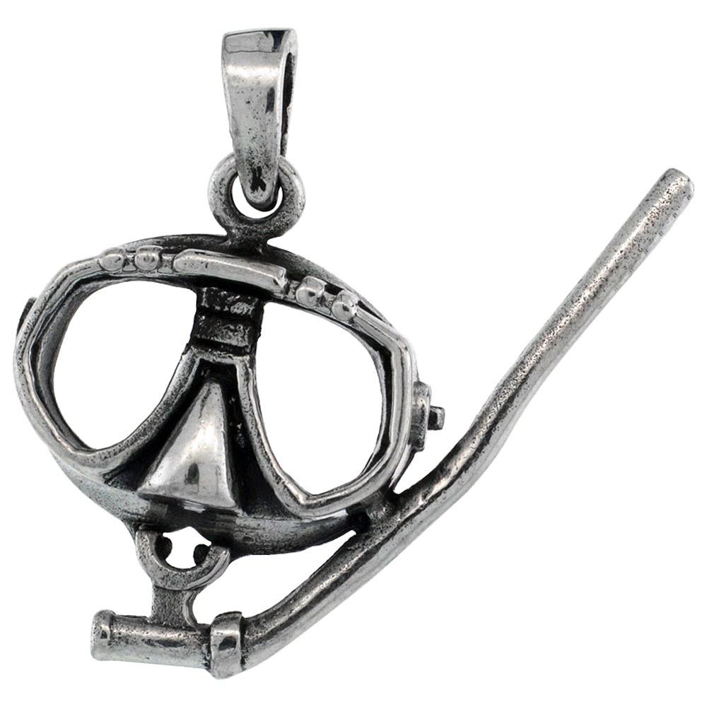 Sterling Silver Scuba Diving Mask & Snorkel Pendant, 3/4 inch tall