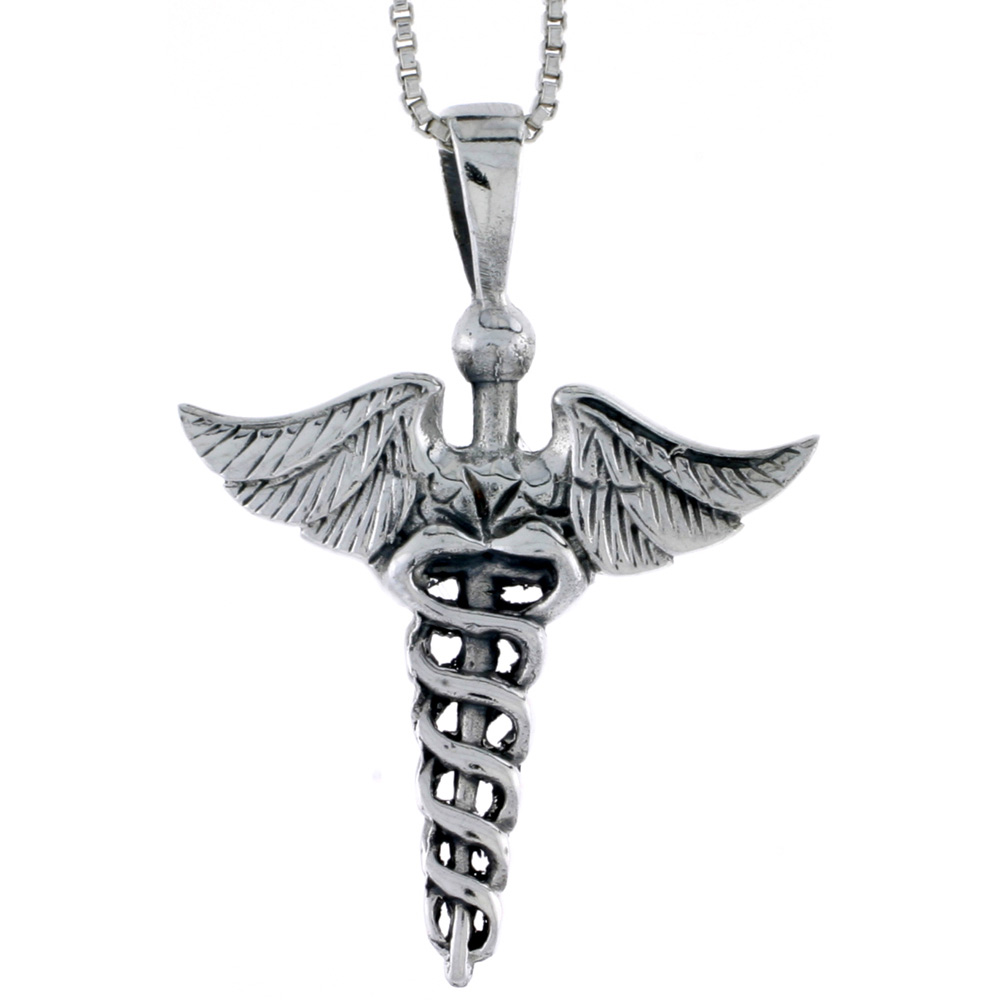 Sterling Silver Caduceus (Medical Symbol) Pendant, 1 1/8 inch tall