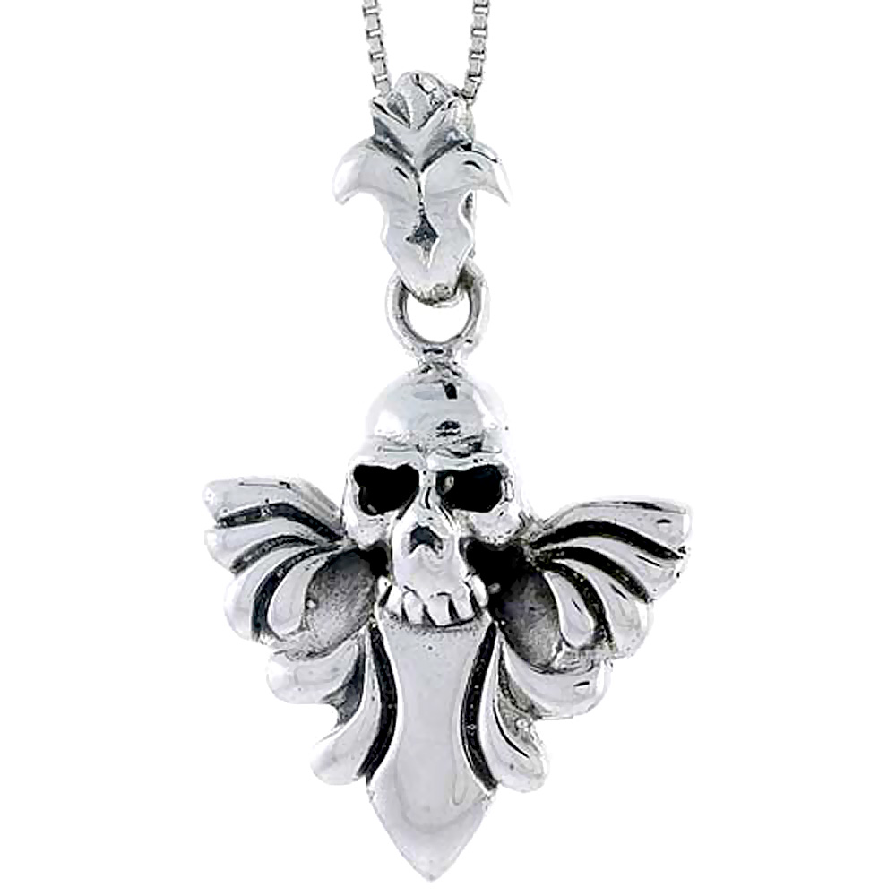 Sterling Silver Skull &amp; Wings Pendant, 1 5/8 inch tall